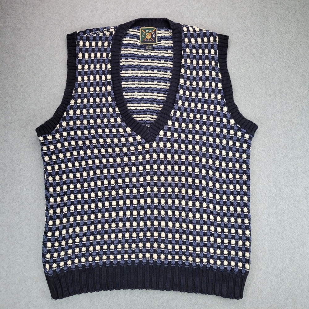 Lake Harmony Sweater Vest Mens Large Navy Blue Geometric Knit V-Neck USA Cotton